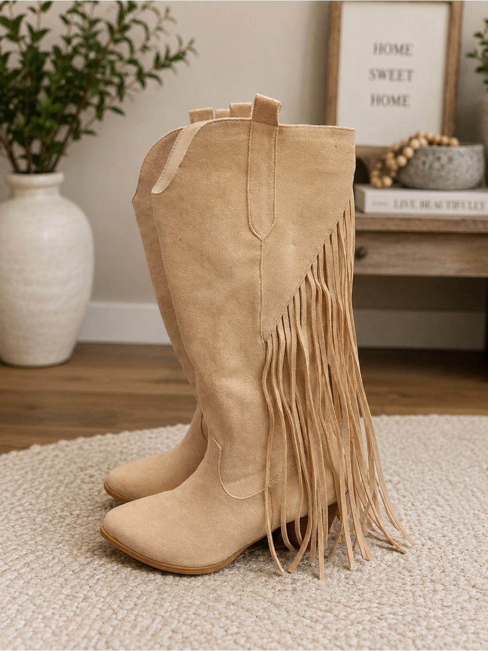 Fringe Tall Suede Boots - Beige